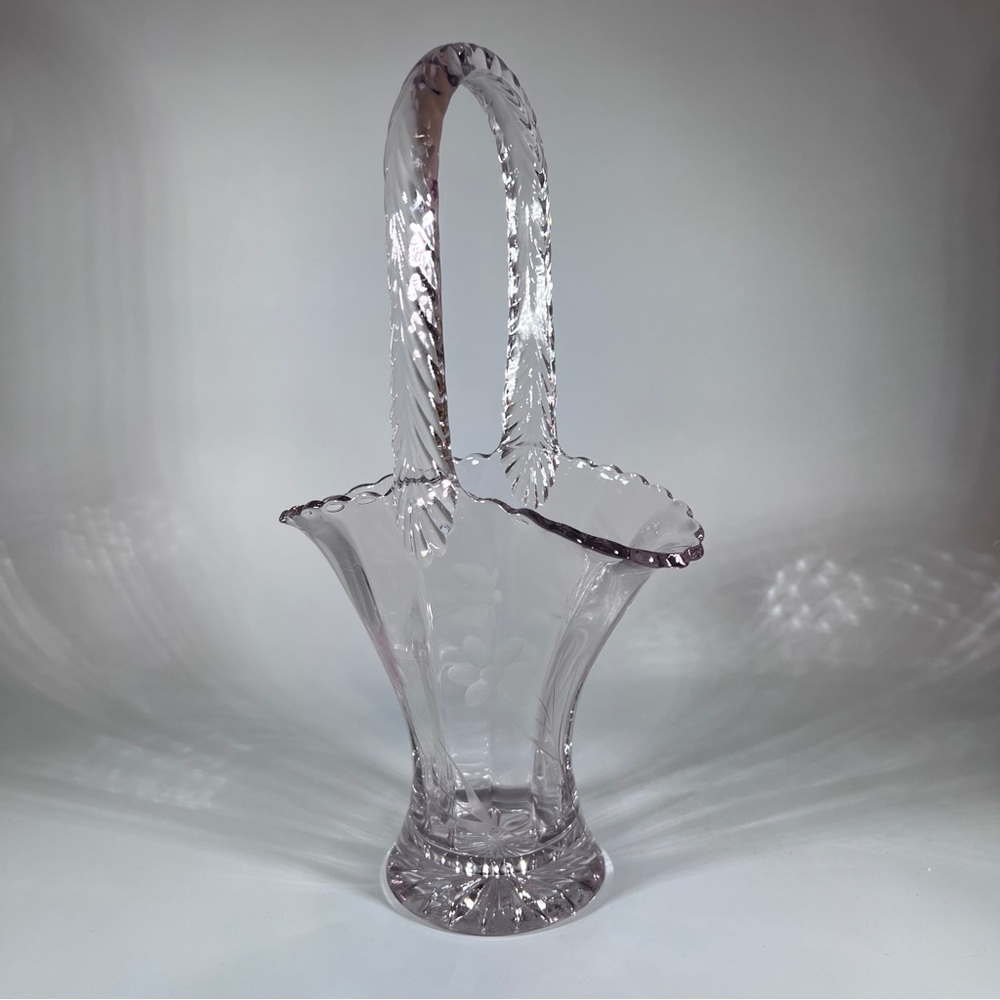 Vintage Duncan & Miller Floral Etched Glass Basket Purple Tint Wedding Gift